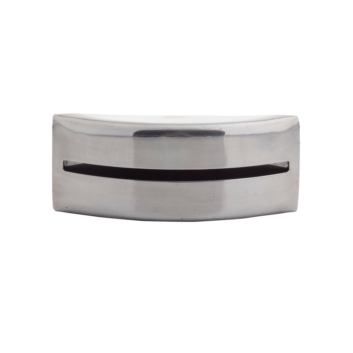 A rectangular, shiny stainless steel object with curved front edges, featuring a narrow horizontal slot in the center. The smooth, reflective TableCraft card holder is photographed against a white background.