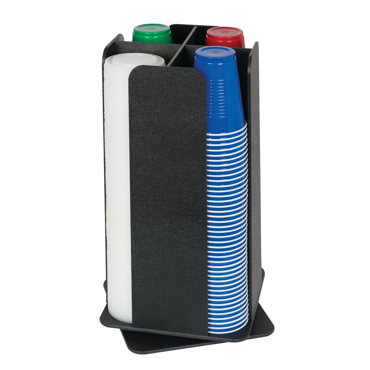 A black, vertical cup and lid organizer sits on a square base, neatly holding white cups, blue striped cups, and green and red lids. This plastic countertop organizer features four compartments for efficient storage.
