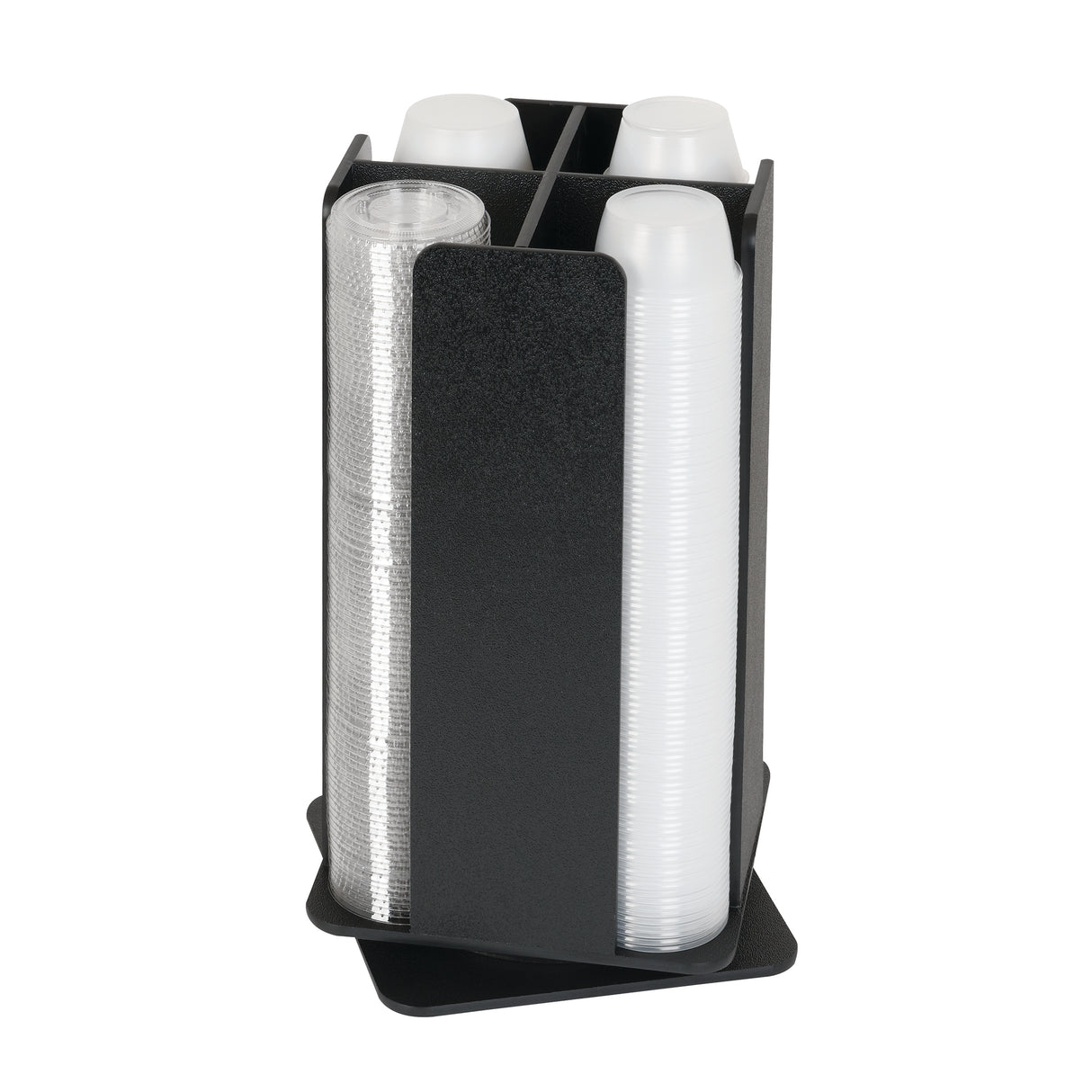 A black, four-compartment countertop organizer holds stacks of clear plastic cups. Two compartments contain clear cups, and two hold translucent cups. The Portion Cup and Lid Organizer is designed for easy dispensing on any flat surface.