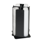 A black, four-compartment countertop organizer holds stacks of clear plastic cups. Two compartments contain clear cups, and two hold translucent cups. The Portion Cup and Lid Organizer is designed for easy dispensing on any flat surface.