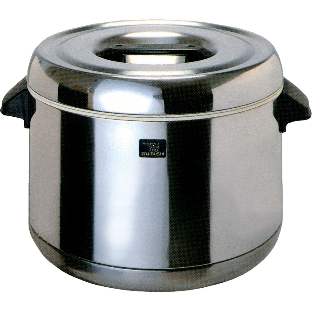 A shiny, stainless steel Zojirushi thermal rice cooker with a round body, black side handles, and a flat, fitted lid. The surface reflects light, and the brand logo is visible on the front. Perfect for keeping sushi rice warm and fresh.