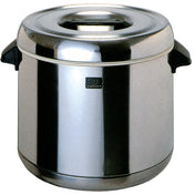 A shiny, cylindrical stainless steel thermal rice cooker with black plastic side handles and a fitted lid. The surface reflects light, while a small rectangular logo graces the front—perfect as a non-electric food freshness keeper for sushi rice.