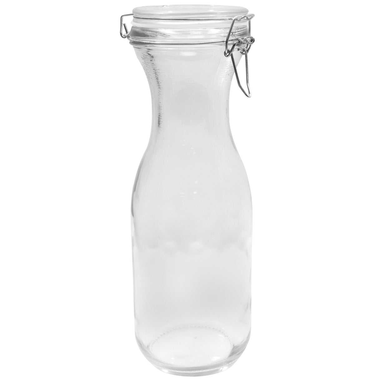 A clear glass carafe with a wide base, narrow neck, and a re-sealable hinged clamp-style lid. The bottle stands upright and isolated on a white background, showcasing its transparent texture and simple design.