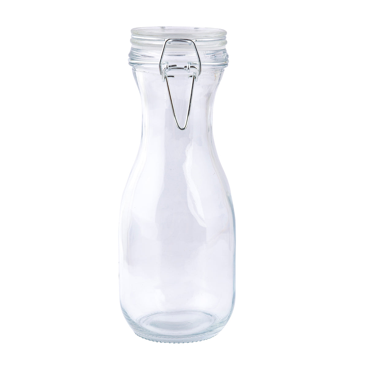 A clear glass carafe with a wide body, narrow neck, and a metal clasp securing its re-sealable glass lid. The empty bottle stands upright on a white background.
