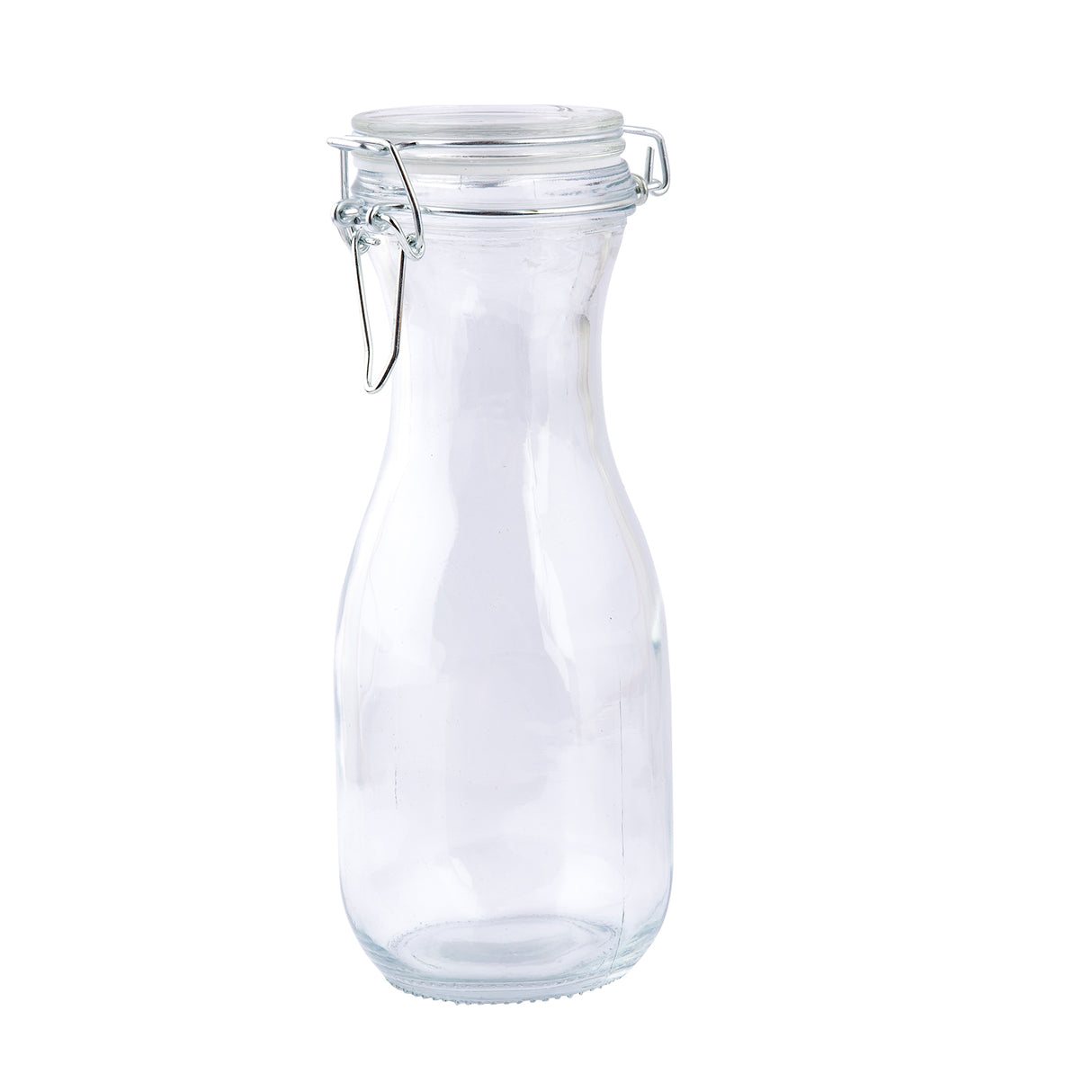 A clear glass carafe with a narrow neck and wide base, featuring a re-sealable hinged metal clasp and transparent lid, stands upright on a plain white background. The empty bottle reflects light, highlighting its smooth, clean surface.