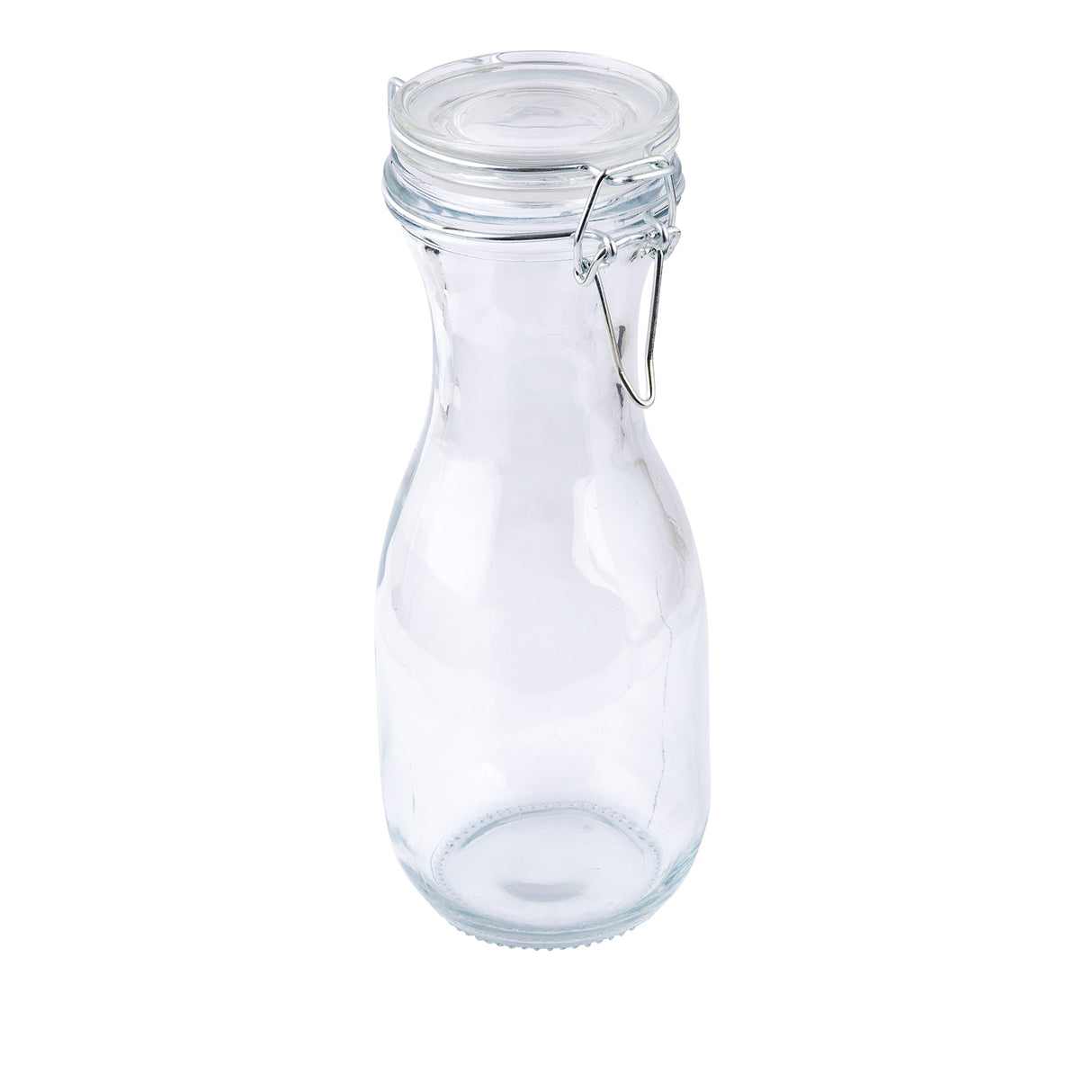 A clear, empty glass carafe with a rounded body and narrow neck, topped with a re-sealable hinged lid secured by a metal clasp. The bottle is photographed against a plain white background.