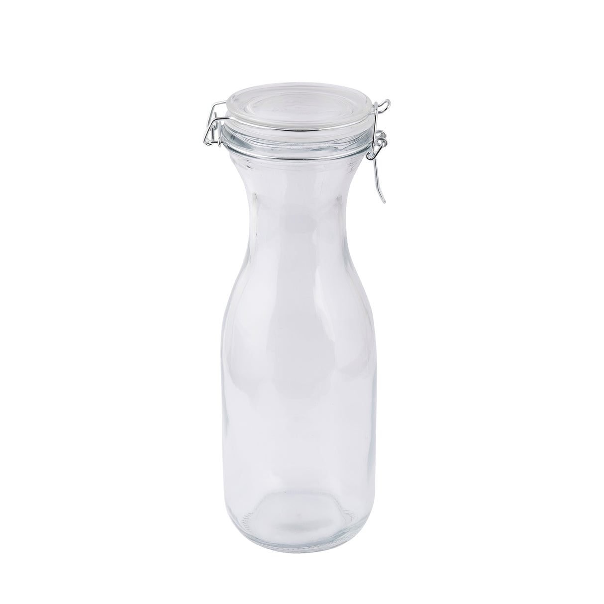 A clear, empty 34 oz glass carafe with a wide base and narrow neck stands upright. It features a round, airtight lid secured by a metal clasp, set against a plain white background.