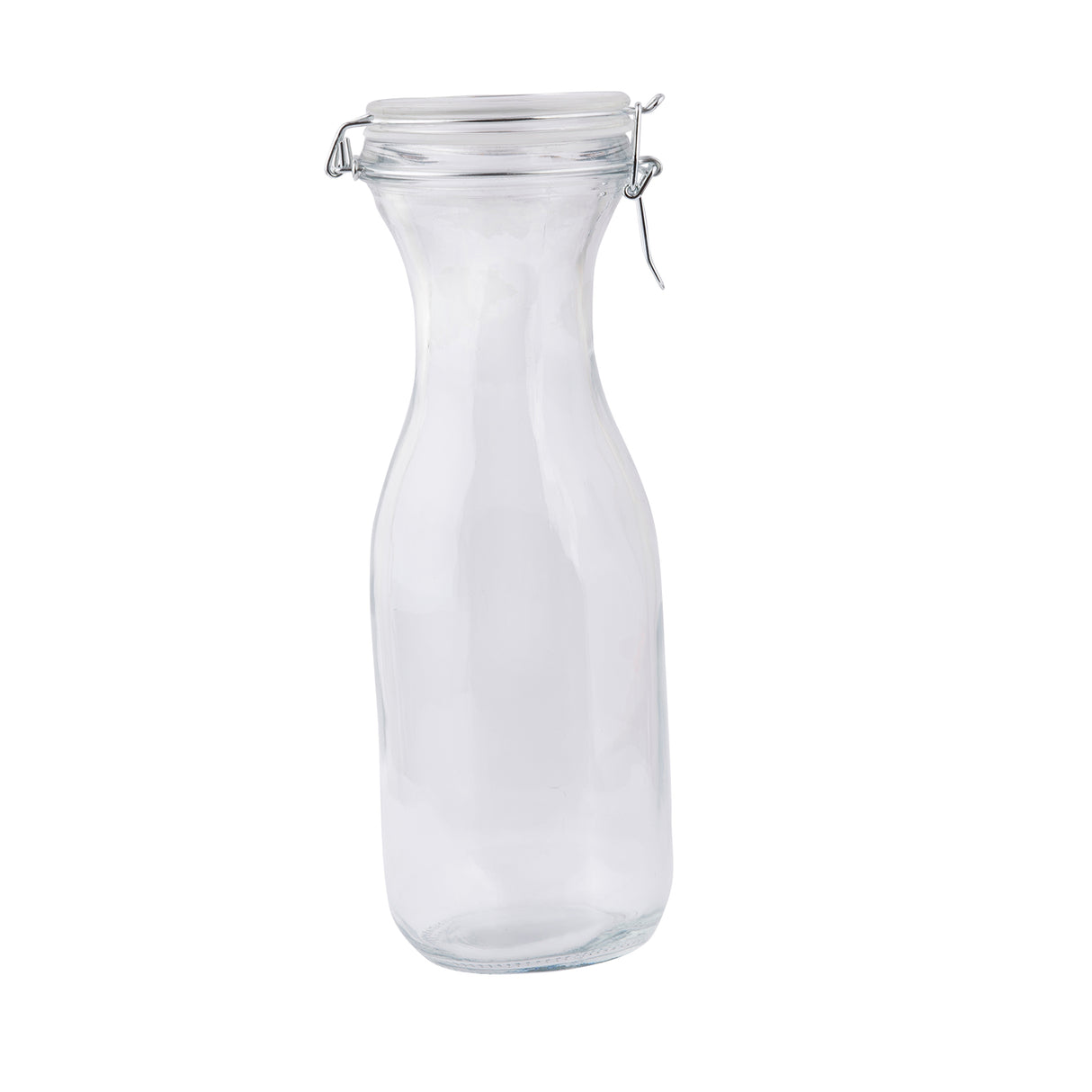 A clear, empty glass carafe with a curved neck and wide base, sealed with a hinged metal clasp and round glass lid. This 34 oz bottle stands upright against a plain white background.