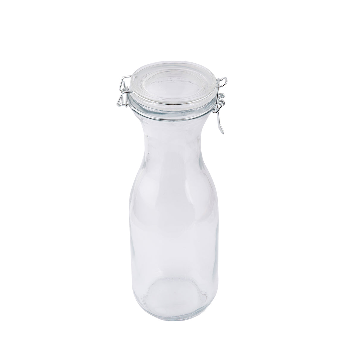A clear glass carafe with a wide neck and round body, topped with a hinged metal clasp and airtight glass lid, stands upright on a white background. This 34 oz carafe is perfect for serving water or juices in style.
