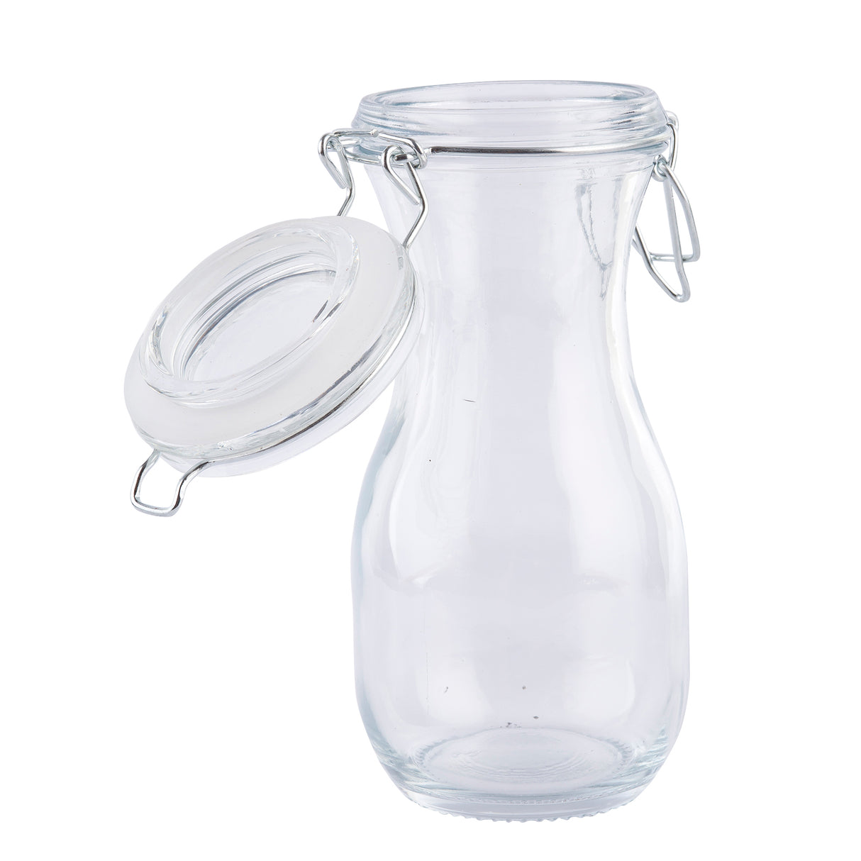 A clear, re-sealable glass jar with a round body and wide mouth. It features a metal clasp and a hinged, transparent lid with a rubber seal, resting open to the side. The empty jar stands on a white background.