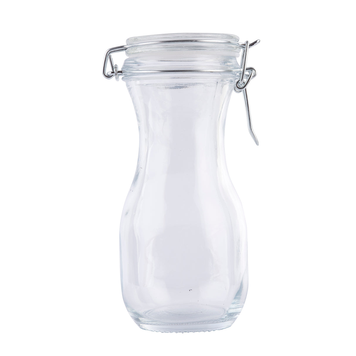 A clear glass jar with a wide base, narrow neck, and a re-sealable hinged airtight lid secured by a metal clasp, shown against a plain white background.