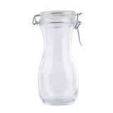 A clear glass jar with a wide base, narrow neck, and a re-sealable hinged airtight lid secured by a metal clasp, shown against a plain white background.