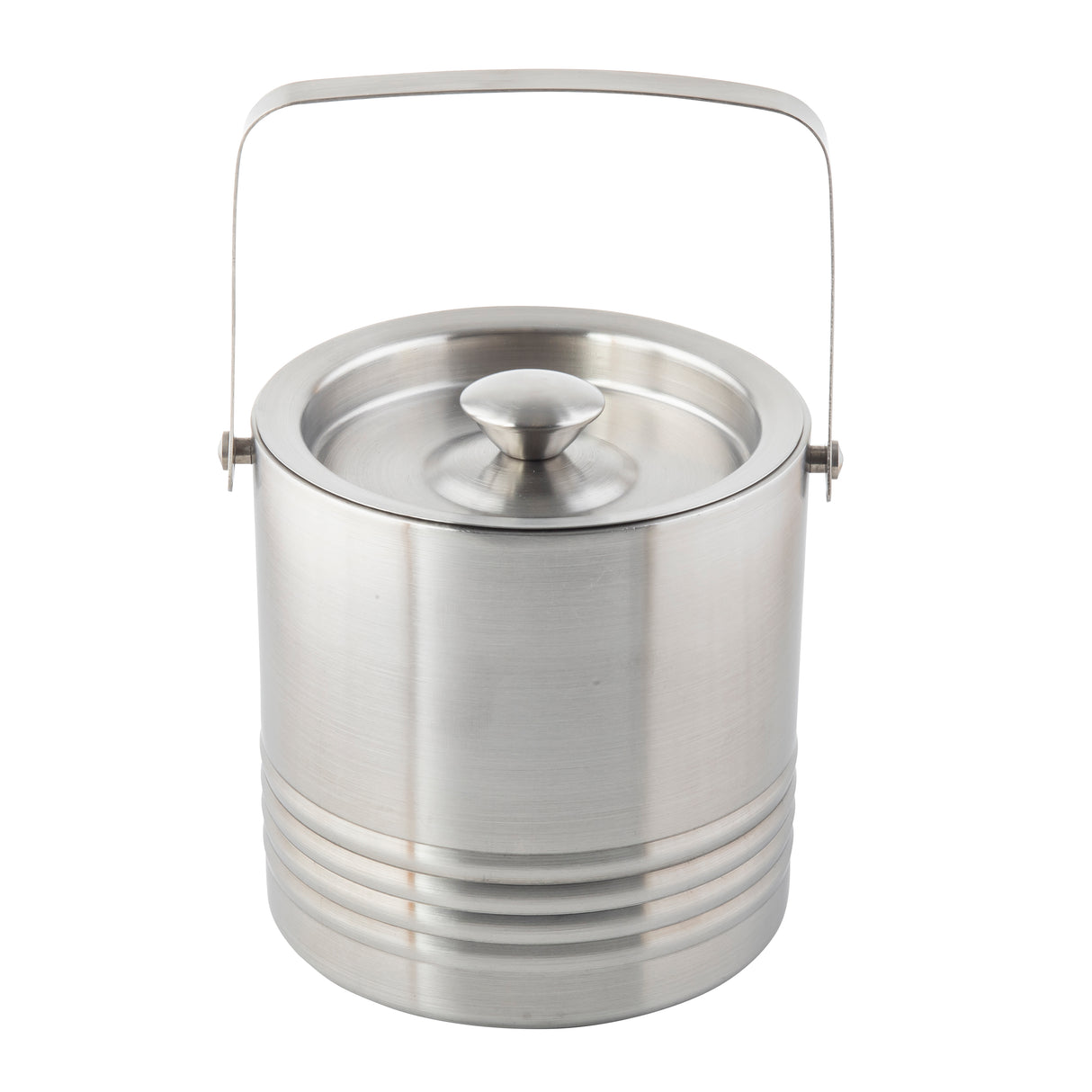 A stainless steel room service ice bucket with a lid and a rounded handle, featuring double wall insulation, a brushed metal finish, and horizontal grooves near the base, is shown against a plain white background.
