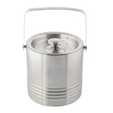 A stainless steel room service ice bucket with a lid and a rounded handle, featuring double wall insulation, a brushed metal finish, and horizontal grooves near the base, is shown against a plain white background.