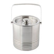 A stainless steel room service ice bucket with a lid and a rounded handle, featuring double wall insulation, a brushed metal finish, and horizontal grooves near the base, is shown against a plain white background.