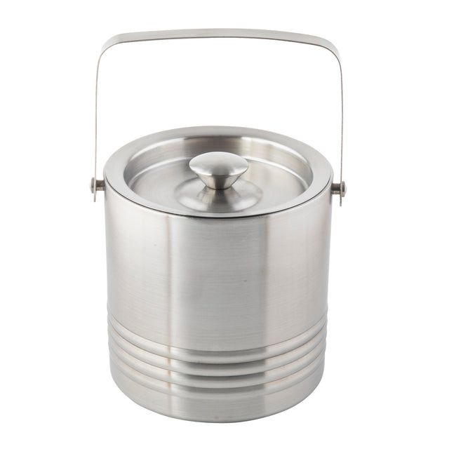 A stainless steel room service ice bucket with a lid and a rounded handle, featuring double wall insulation, a brushed metal finish, and horizontal grooves near the base, is shown against a plain white background.