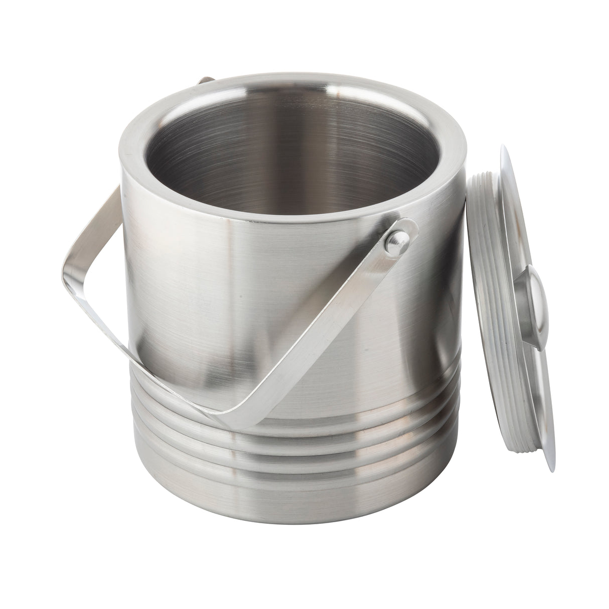 A brushed stainless steel room service ice bucket with a handle and matching lid, shown to the side. The cylindrical bucket features horizontal grooves near the base and double wall insulation, while its shiny interior reflects the light.