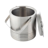 A brushed stainless steel room service ice bucket with a handle and matching lid, shown to the side. The cylindrical bucket features horizontal grooves near the base and double wall insulation, while its shiny interior reflects the light.