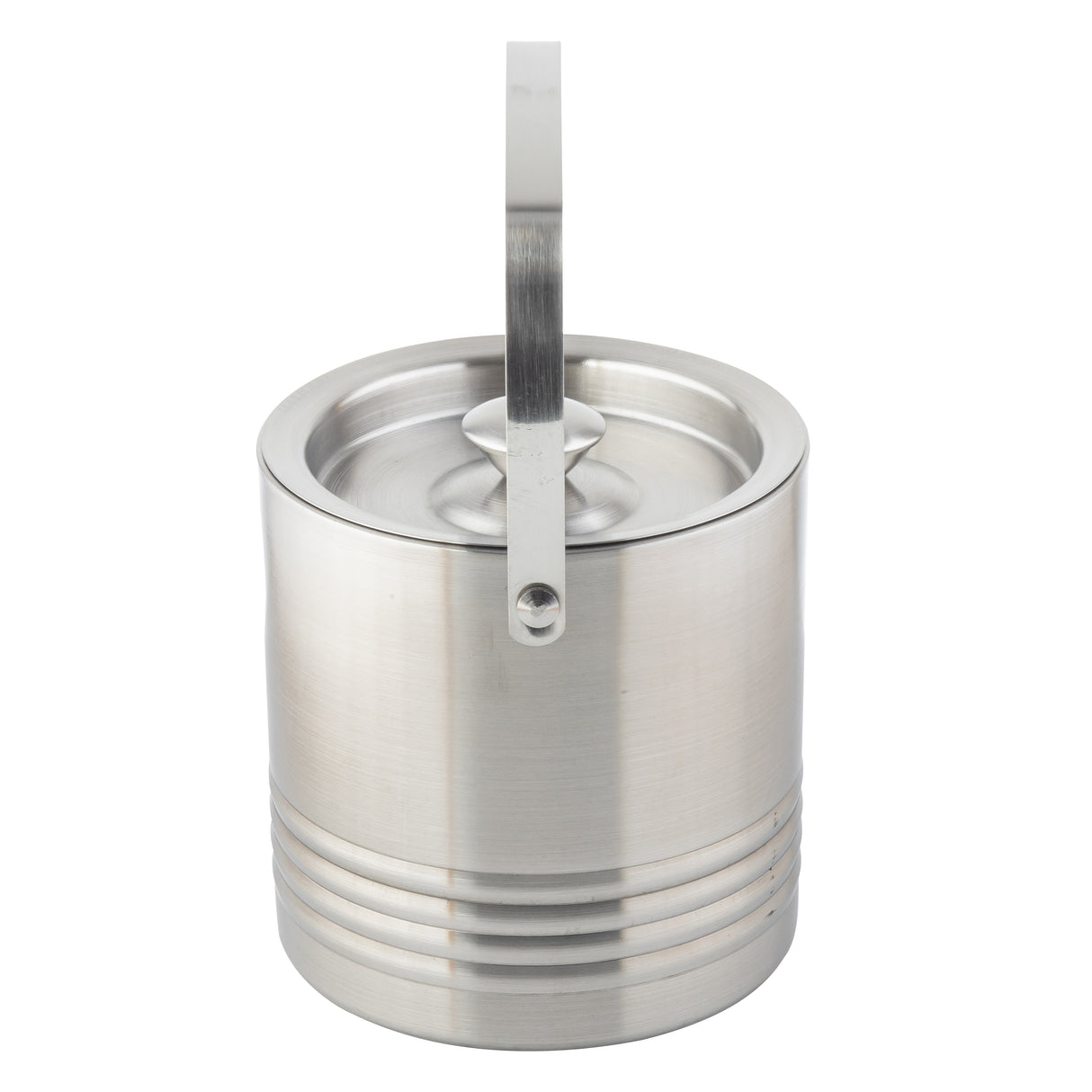 This sleek, modern room service ice bucket features double wall insulation, a brushed stainless steel finish, three decorative grooves near the base, and an upright handle centered above the lid for easy carrying.