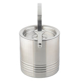 This sleek, modern room service ice bucket features double wall insulation, a brushed stainless steel finish, three decorative grooves near the base, and an upright handle centered above the lid for easy carrying.
