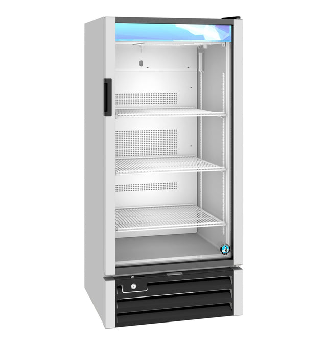 A commercial reach-in cooler with a glass door is shown. It has a black handle, three adjustable wire shelves inside, interior lighting at the top, and ventilation grilles at the bottom. The fridge is empty and primarily white with black and blue accents.