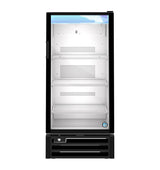 A front-facing view of an empty, upright Hoshizaki reach-in cooler with a clear glass door, three wire shelves, interior lighting, and a black frame. The inside is brightly lit, and the fridge is clean and unused.