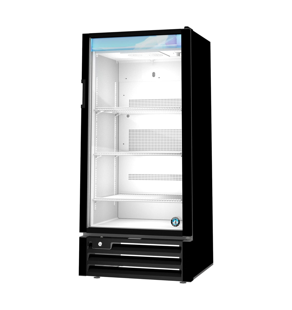 A black Hoshizaki refrigerated merchandiser with a glass front door stands upright. This reach-in cooler features three adjustable white wire shelves, interior lighting, and a blue and white design on the top panel.