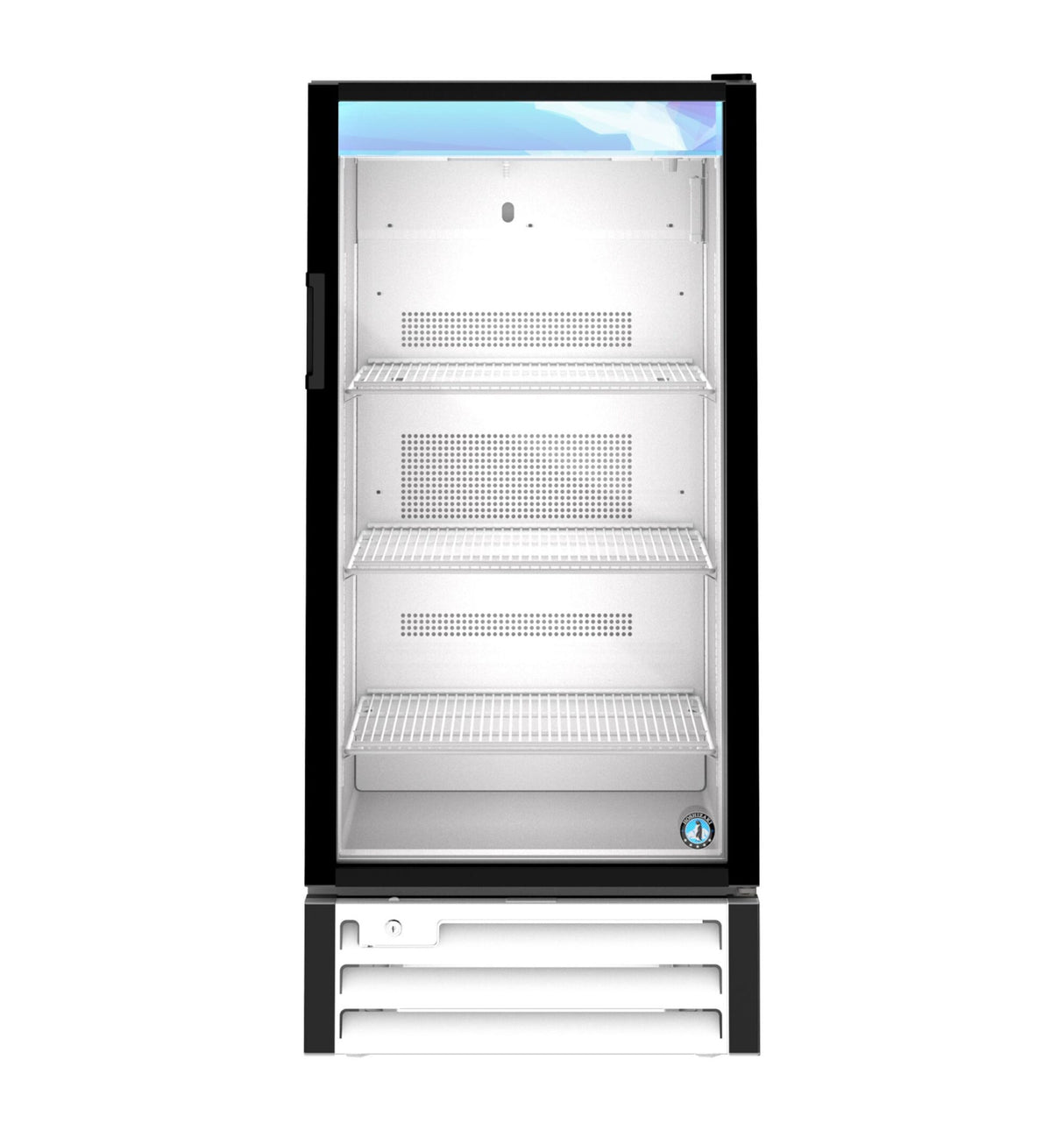 A tall, upright refrigerated merchandiser with a glass door, black frame, and white interior. It features three empty wire shelves and a vented panel at the bottom. This reach-in cooler is well-lit and clean, showcasing its spacious storage capacity.