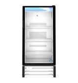 A tall, upright refrigerated merchandiser with a glass door, black frame, and white interior. It features three empty wire shelves and a vented panel at the bottom. This reach-in cooler is well-lit and clean, showcasing its spacious storage capacity.