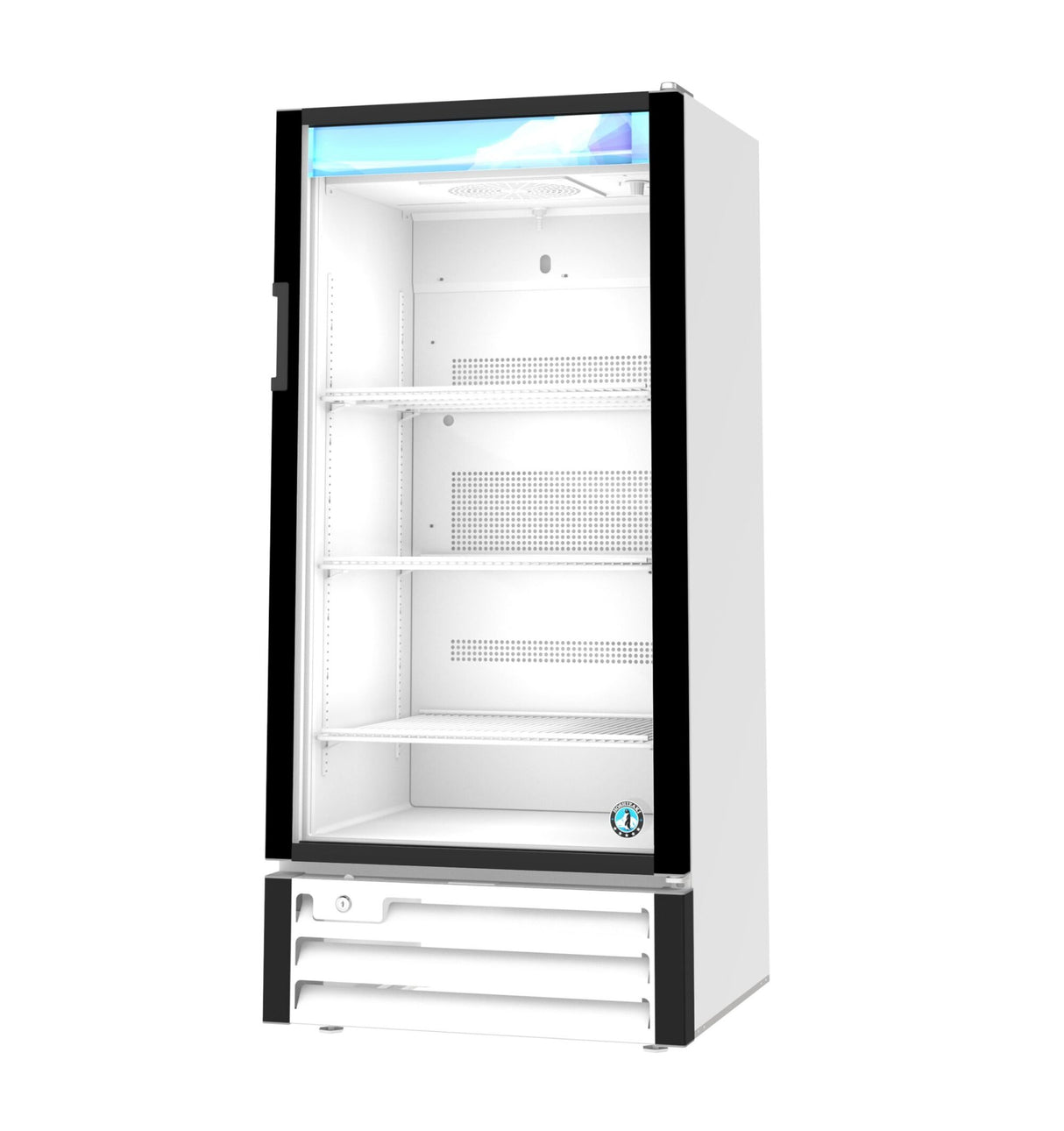 A Hoshizaki refrigerated merchandiser with a black frame, white exterior, and three adjustable metal shelves. The reach-in cooler is empty, illuminated inside, with ventilation grilles below and a blue and white graphic on the top panel. Door is slightly ajar.