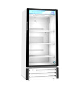 A white, upright Hoshizaki refrigerated merchandiser with a glass door, three adjustable metal shelves, interior lighting, and bottom ventilation grilles. This modern reach-in cooler is empty and features a clean, contemporary design.
