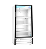 A white, upright Hoshizaki refrigerated merchandiser with a glass door, three adjustable metal shelves, interior lighting, and bottom ventilation grilles. This modern reach-in cooler is empty and features a clean, contemporary design.
