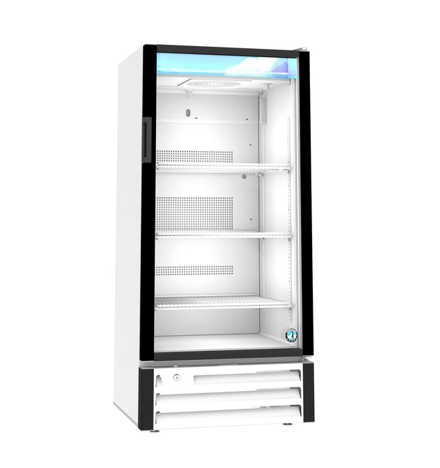 A white, upright Hoshizaki refrigerated merchandiser with a glass door, three adjustable metal shelves, interior lighting, and bottom ventilation grilles. This modern reach-in cooler is empty and features a clean, contemporary design.