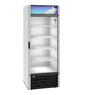 A tall glass door refrigerator with white sides, four empty wire shelves, a black vented base, and a blue and purple panel at the top. This well-lit refrigerated merchandiser stands alone against a white background.