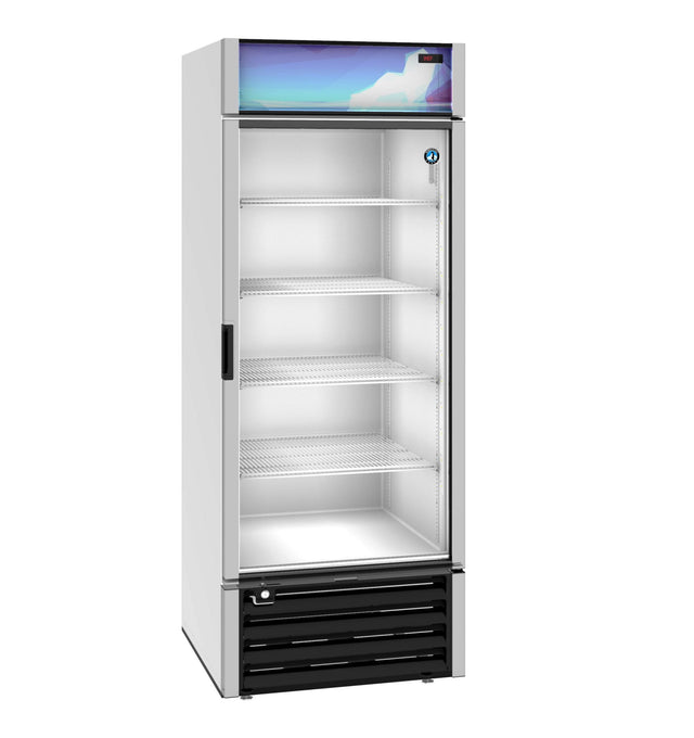 A tall glass door refrigerator with white sides, four empty wire shelves, a black vented base, and a blue and purple panel at the top. This well-lit refrigerated merchandiser stands alone against a white background.