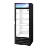 A black, upright refrigerated merchandiser with a glass door is shown. The interior is lit with four empty white shelves. The top panel displays a blue and purple geometric design, and vents are visible at the bottom front.