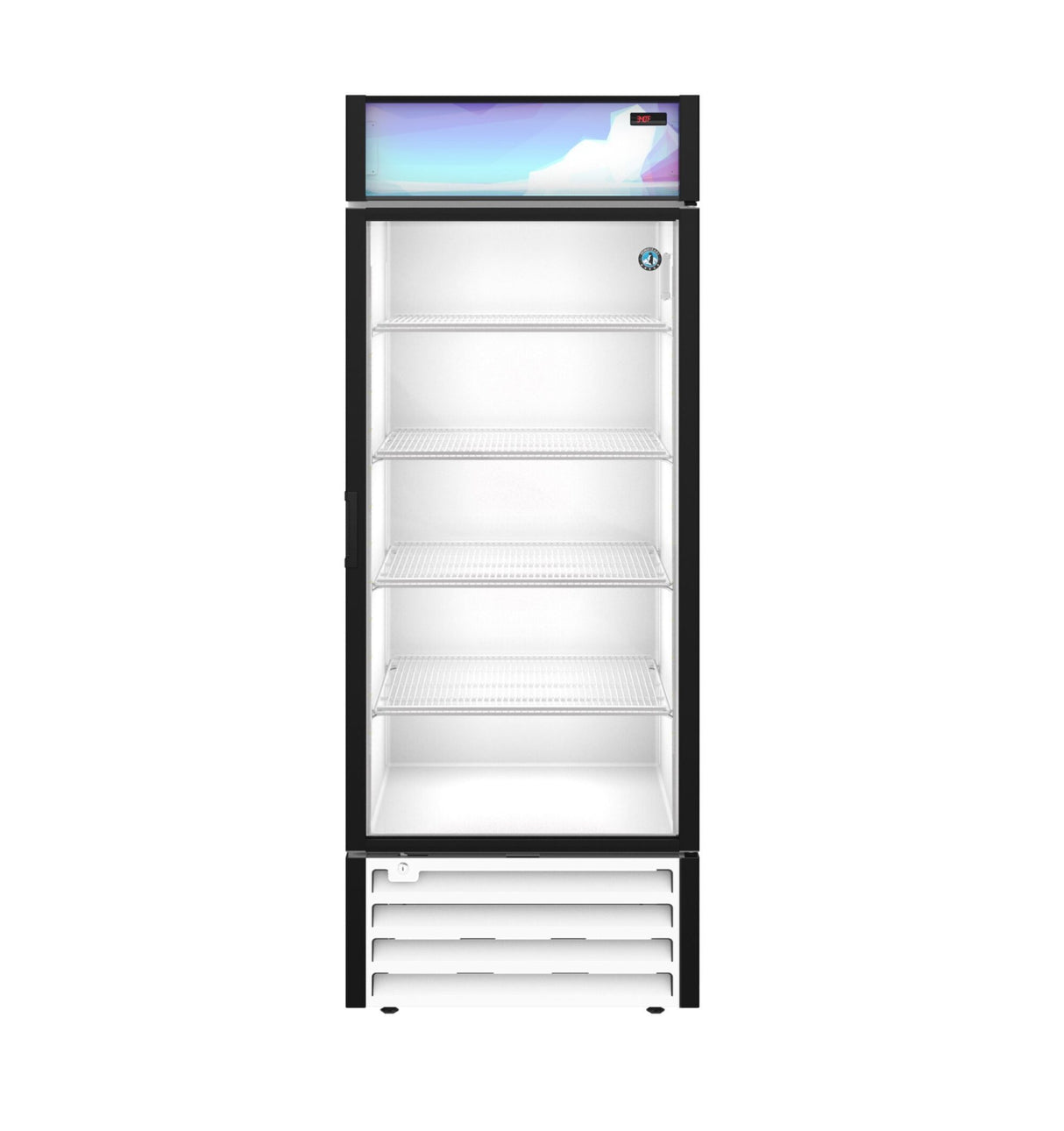 A tall, single-door refrigerated merchandiser with a black frame and glass door. The interior has five empty white wire shelves and bright lighting. A colorful lighted sign panel tops this ENERGY STAR unit, with a vented grille at the bottom.