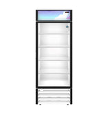A tall, single-door refrigerated merchandiser with a black frame and glass door. The interior has five empty white wire shelves and bright lighting. A colorful lighted sign panel tops this ENERGY STAR unit, with a vented grille at the bottom.
