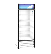 A tall, upright reach-in cooler with a black frame and white interior. This refrigerated merchandiser features four empty wire shelves, a lit advertising panel with a blue and white graphic, and visible bottom vents.