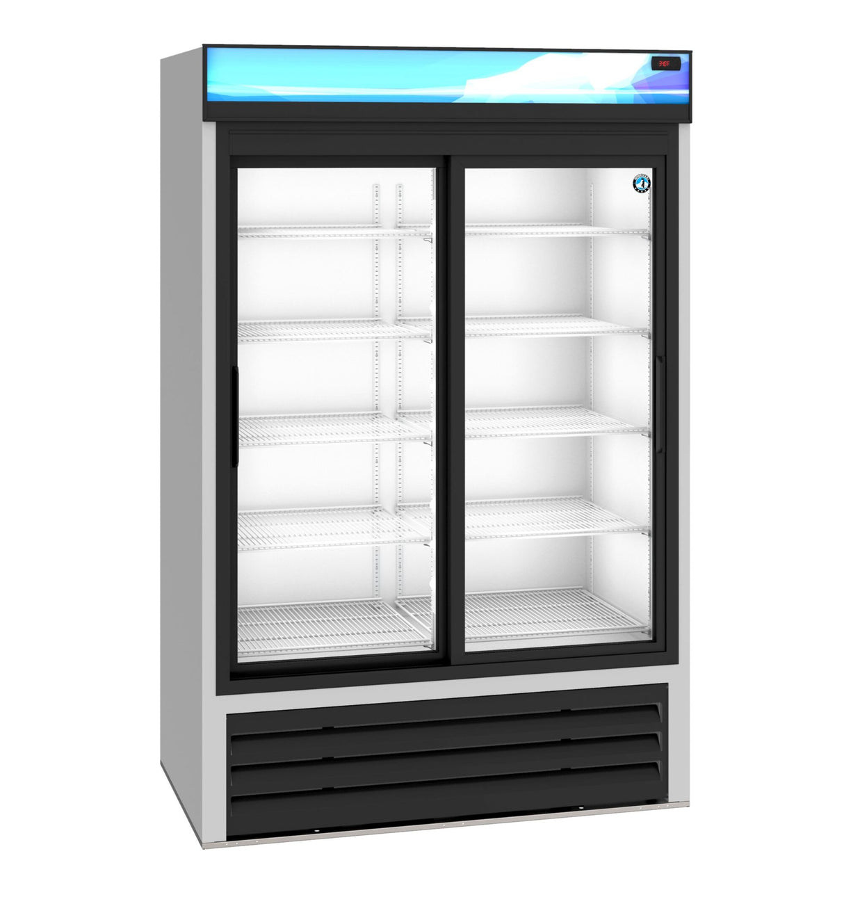 A Refrigerated Merchandiser with two sliding glass doors, a white interior, adjustable shelves, and a black bottom vent. The blue and white lighted top panel enhances visibility. The unit is empty and spotlessly clean.
