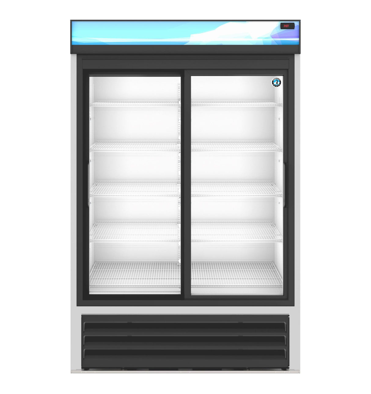 A commercial Refrigerated Merchandiser featuring two sliding glass doors, black frame, and four adjustable shelves. The fridge is empty, with a lit blue-and-white sign panel above and a vented black base below.