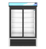 A commercial Refrigerated Merchandiser featuring two sliding glass doors, black frame, and four adjustable shelves. The fridge is empty, with a lit blue-and-white sign panel above and a vented black base below.