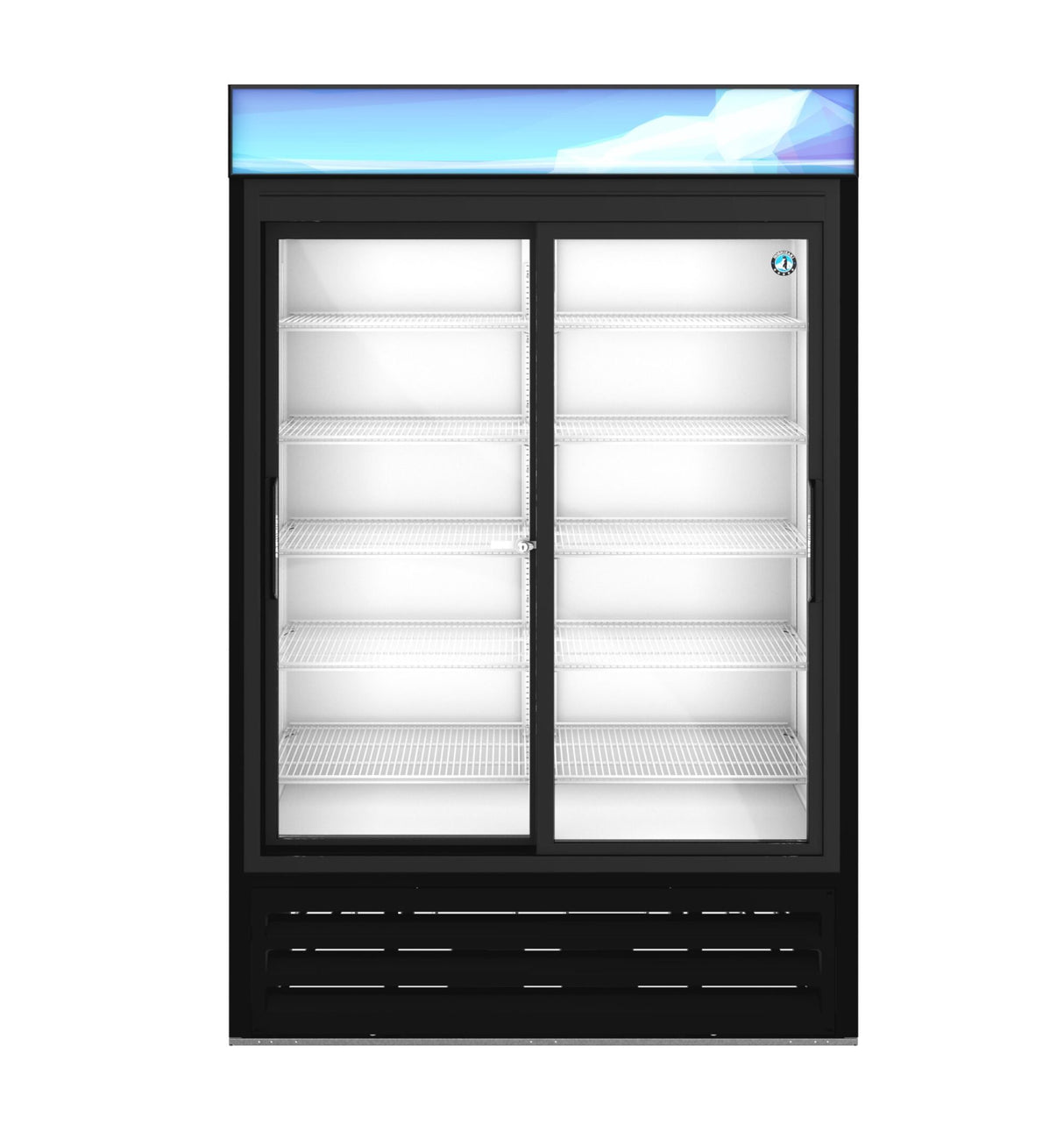 A refrigerated merchandiser with two sliding glass doors and five white wire shelves each, set in a black frame. The top panel is blue with a geometric design, and the bright LED interior lighting highlights the spacious, empty interior. Ventilation slots are below.