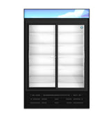 A refrigerated merchandiser with two sliding glass doors and five white wire shelves each, set in a black frame. The top panel is blue with a geometric design, and the bright LED interior lighting highlights the spacious, empty interior. Ventilation slots are below.