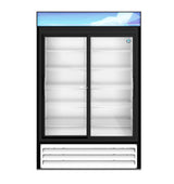 A commercial refrigerated merchandiser with black trim, white interior, and multiple empty wire shelves. The top panel features a blue and white abstract design. Both reach-in sliding glass doors are closed above a vented base with horizontal slats.