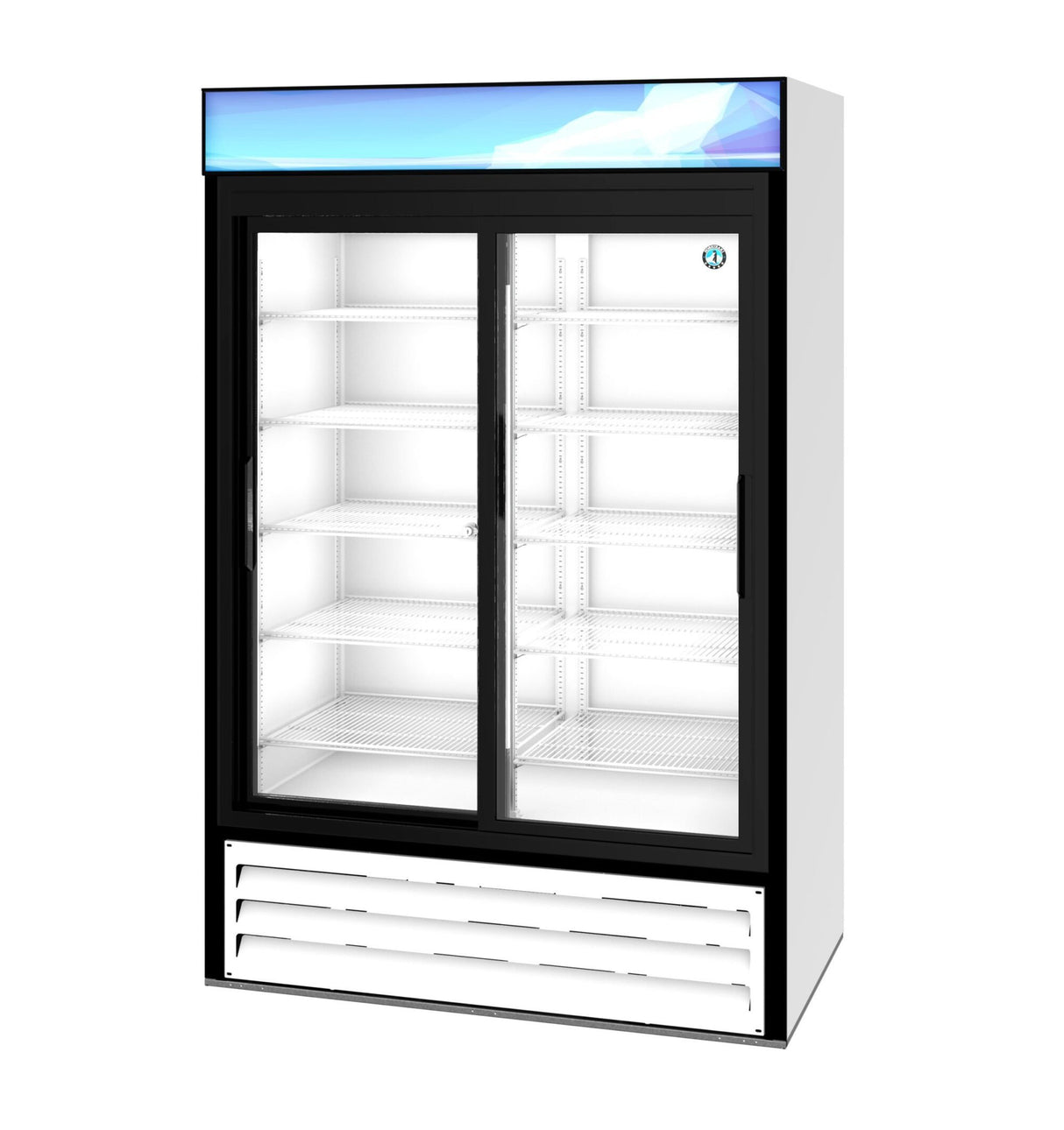 A reach-in refrigerated merchandiser featuring two sliding glass doors, white sides, a black frame, and multiple empty white wire shelves. The top panel is blue with a geometric design, while the bottom includes white ventilation grilles.