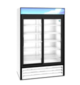 A reach-in refrigerated merchandiser with two sliding glass doors, black frame, white sides, interior shelves, and a vented bottom panel. The top features a blue and white design, and the fridge is empty.