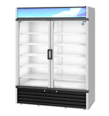 A commercial refrigerated merchandiser with two clear sliding doors, black handle, and five adjustable wire shelves. The top has a blue and white gradient display panel, while the bottom features black ventilation slats. The refrigerator is empty.