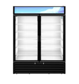 A commercial glass door refrigerator with black frame and trim, displaying six empty white shelves inside. This refrigerated merchandiser has two clear sliding doors and a blue graphic panel at the top for signage. The interior is brightly lit.