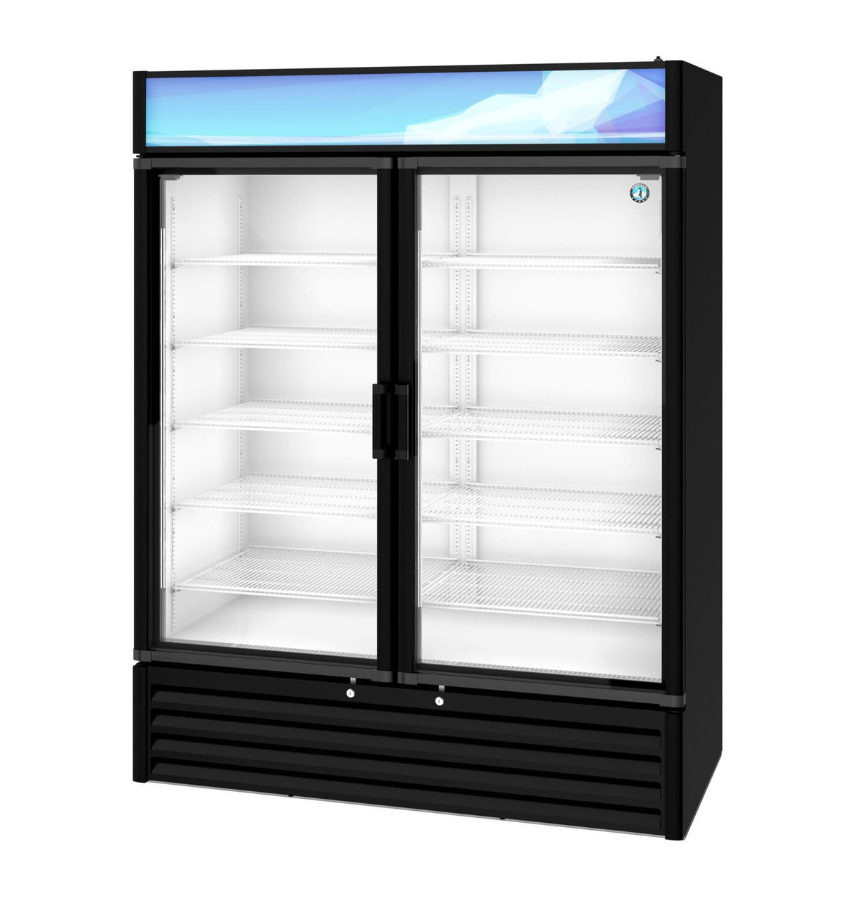 A commercial glass door refrigerator stands empty, with white wire shelves inside and a blue and white geometric design on the top panel. The black reach-in cooler features side-by-side doors, framed in black, with vertical handles in the center.